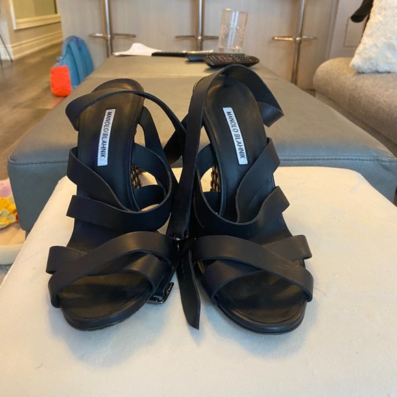 Black Manolo Blahnik Wedge Sandals - Picture 4 of 8